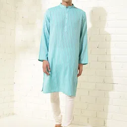 Fabindia Striped Band Collar Cotton Dobby Straight Kurta-image-24