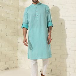 Fabindia Woven Designed Comfort Fit Band Collar Cotton Straight Kurta-image-96