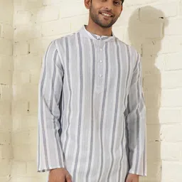 Fabindia Striped Band Collar Cotton Straight Kurta-picture-31