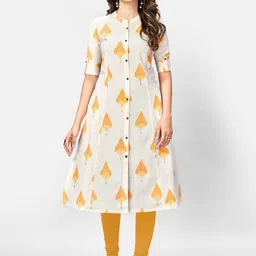Vbuyz Women Off White & Yellow Ethnic Motifs Printed Kurta-image-60