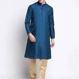 DEVOILER Men Navy Blue Solid Silk Kurta-image-35