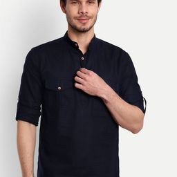 Vida Loca Band Collar Roll-Up Sleeves Cotton Kurta-image-85