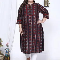 KALINI Plus Size Geometric Embroidered Band Collar Thread Work Cotton Straight Kurta-12