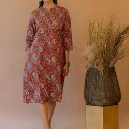 KALINI Floral Printed Kantha Work Mandarin Collar Cotton A-line Kurta-picture-21