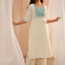 Libas Floral Embroidered Yoke Design Round Neck Cotton Straight Kurta-14