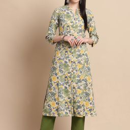 Pistaa Floral Printed Mandarin Collar Roll-up sleeves Panelled straight Kurta-picture-44