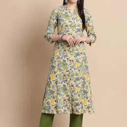 Pistaa Floral Printed Mandarin Collar Roll-up sleeves Panelled straight Kurta-picture-49