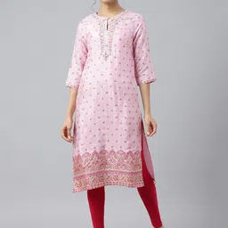 W Women Pink Ethnic Motifs Yoke Design Keyhole Neck Thread Work Pastels Kurta-12
