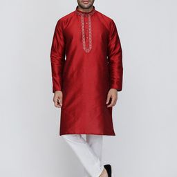 ROYAL KURTA Men Maroon & Gold-Toned Floral Thread Work Kurta-image-96