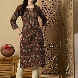 KEOSA Floral Printed Sequinned Cotton Straight Kurta-18