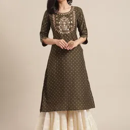 Varanga Women Olive Green Ethnic Motifs Sequinned Embroidered Work Silk Kurta-image-67