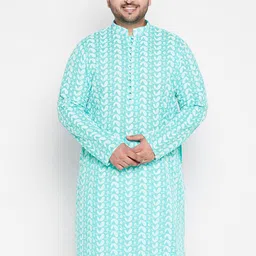 VASTRAMAY Plus Size Men Sea Green & White Geometric Embroidered Chikankari Kurta-52