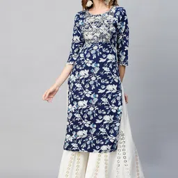 FASHOR Women Blue Printed Flared Sleeves Mirror Work Kurta-picture-12