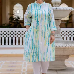 KALINI Tie & Dye Printed Mandarin Collar Roll-Up Sleeves A-Line Cotton Kurta-8