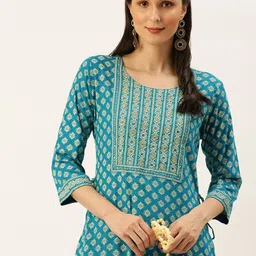 SHOWOFF Women Blue Ethnic Motifs Printed Mirror Work Kurta-image-84