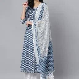 Stylum Women Blue & White Geometric Printed Pure Cotton Kurta with Dupatta-5