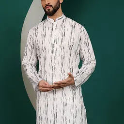 Armaan Ethnic Mandarin Collar Dyed Block Print Pure Cotton Pathani Kurta-image-21