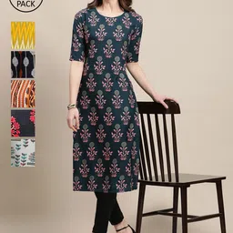 7Threads Pack of 6 Women Yellow & Green Floral Printed Crepe Kurtas-image-74