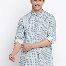 Fabindia Men Blue & White Checked Linen Short Kurta-11