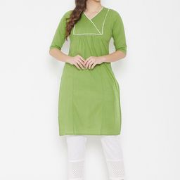 WineRed Women Green Solid Pure Cotton Kurta-image-13