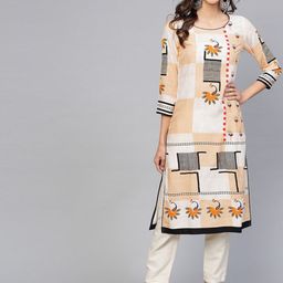 Pannkh Women Off White Peacock Inspired Round Neck Geometric Printed Kurta-image-15