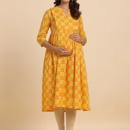 CRAFIQA Ethnic Motifs Printed Mandarin Collar Pure Cotton Maternity Anarkali Kurta-image-62
