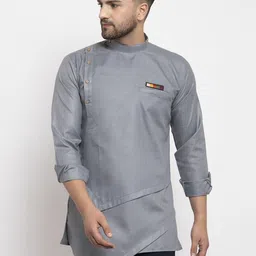 Kaifoo Men Silver Solid Mandarin Collar Cotton Striaght Kurta-5