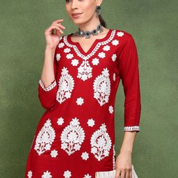AHIKA Floral Embroidered Notched Neck Straight Chikankari Kurta-image-86