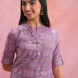 Vishudh Mandarin Collar Roll-Up Sleeves Printed Straight Kurta-image-9