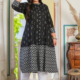 KALINI Plus Size Geometric Printed Mandarin Collar Cotton A-line Kurta image 4