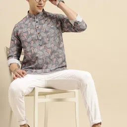 Sanwara Men Grey & White Floral Printed Floral Kurta-12