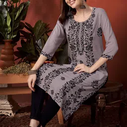 Anouk Grey Floral embroidered Round Neck Kurta-image-29
