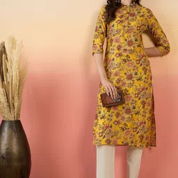 Anouk Yellow Floral Printed Mirror Work Mandarin Collar Silk Chanderi Kurta-image-35