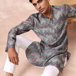 HERE&NOW Grey Chevron Printed Jacquard Kurta-image-17