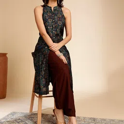 Anouk Teal Blue Ethnic Motifs Printed Mandarin Collar Sleeveless A-Line Kurta-picture-47