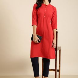 SHOWOFF Mandarin Collar Three Quarter Sleeves Cotton Straight Kurta-image-19