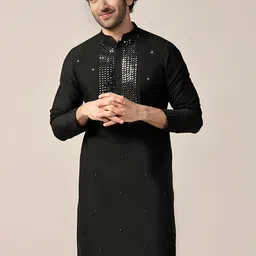 KISAH Geometric Embroidered Mirror Work Mandarin Collar Long Sleeves Straight Kurta-image-82