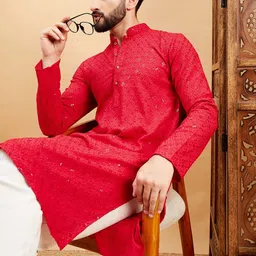 HERE&NOW Red Ethnic Motifs Embroidered Mandarin Collar Straight Kurta-40