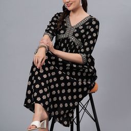 NEW4U Floral Printed V-Neck Sequinned Empire Midi Ethnic Dress-image-24