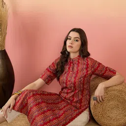Anouk Red Chevron Printed Mandarin Collar Short Sleeves Cotton Kurta-picture-2