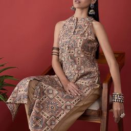 Anouk Peach Bandhani Printed Mandarin Collar Zari detail A-Line Kurta-32