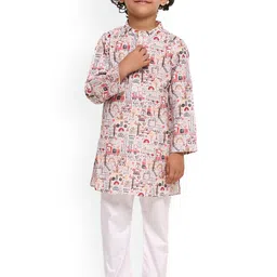 BAESD Boys Abstract Printed Mandarin Collar Knee Length Linen Straight Kurta With Pyjama-17