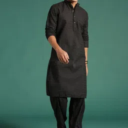 Sangria Black Geometric Embroidered Cotton Mandarin Collar Chikankari Straight Kurtas-image-37