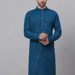 Jompers Men Teal Geometric Embroidered Pure Cotton Kurta-picture-21