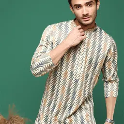 Sangria Grey Chevron Printed Pastel Cotton Kurta-image-10