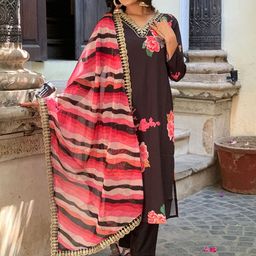 KALINI Floral Embroidered Regular Thread Work Pure Silk Kurta With Trouser & Dupatta-image-37