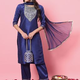 VredeVogel Ethnic Motifs Yoke Design Sequinned Straight Kurta With Trousers & Dupatta-12