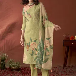 Anouk Green Floral Embroidered Beads & Stones Linen Kurta with Trousers & Dupatta-53