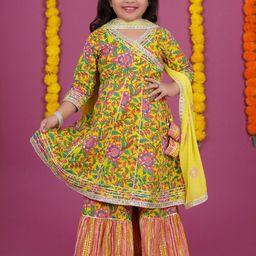 Stuffie Land Girls Floral Printed Angrakha Cotton Anarkali Kurta & Sharara With Dupatta-image-51
