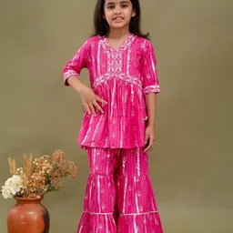 BAESD Girls Floral Printed V Neck Mirror Work Pure Cotton A-Line Kurta with Sharara-image-5